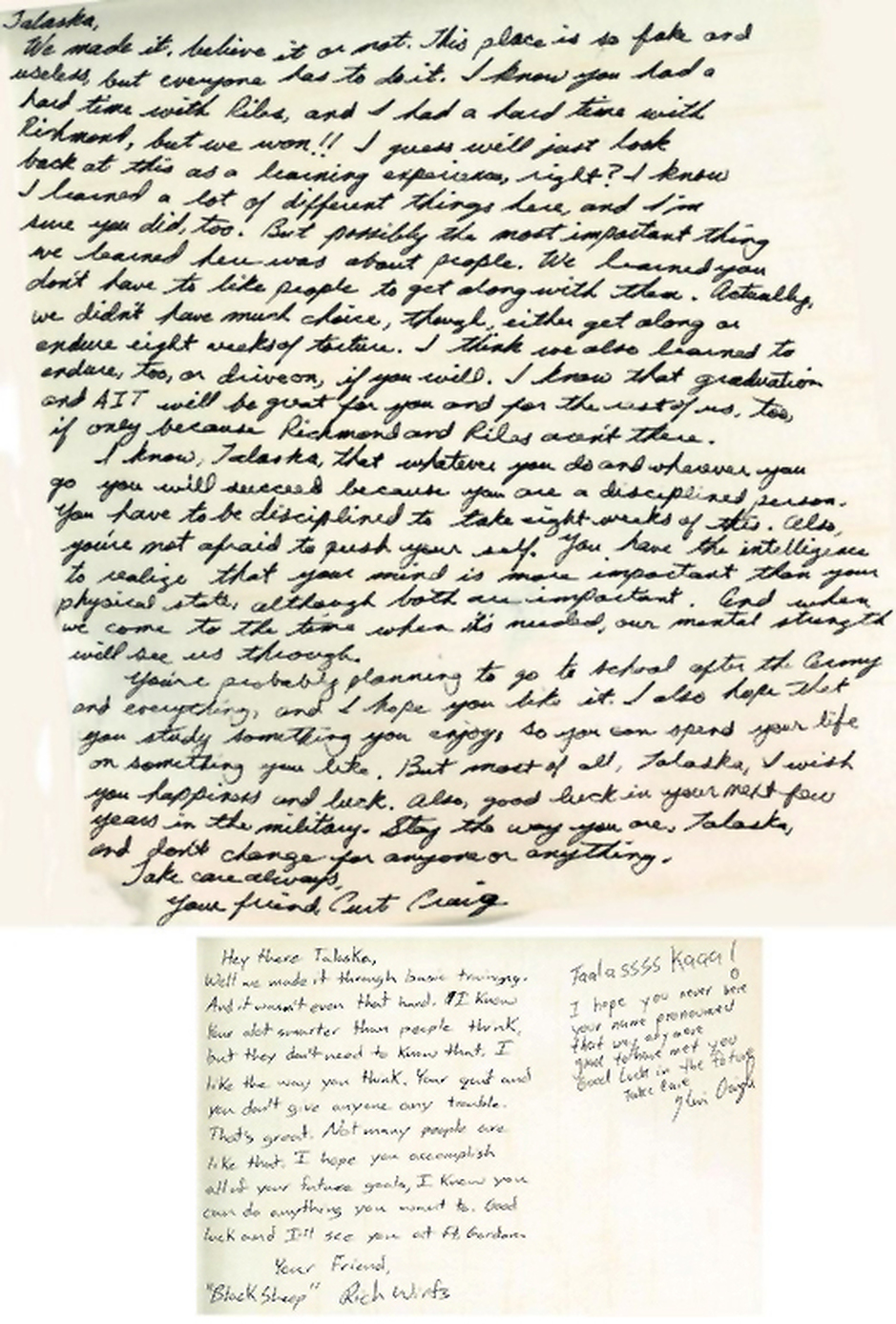 Army Yearbook Letter to Eric Talaska from Curt Craig and Rich Wirfs