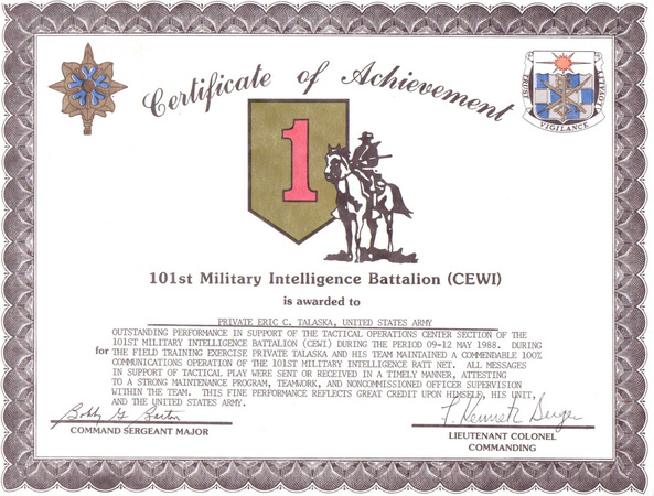 101st Military Intelligence Battalion (CEWI) Certificate of Achievement - Eric Talaska