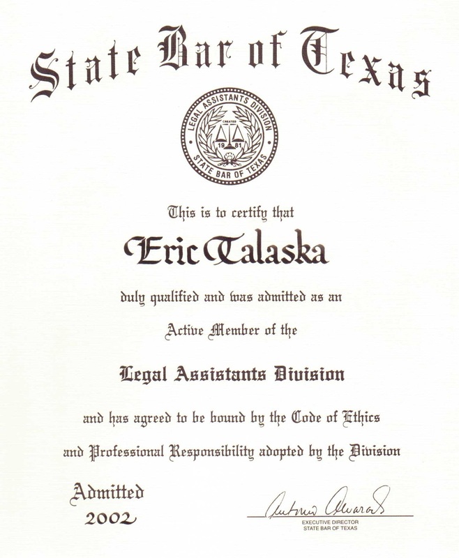 State Bar of Texas Legal Assistants Division Certificate - Eric Talaska