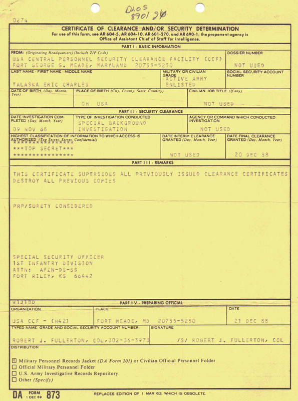 Top Secret Security Certificate of Clearance Certificate - DA Form 873 - US Army - Eric Talaska