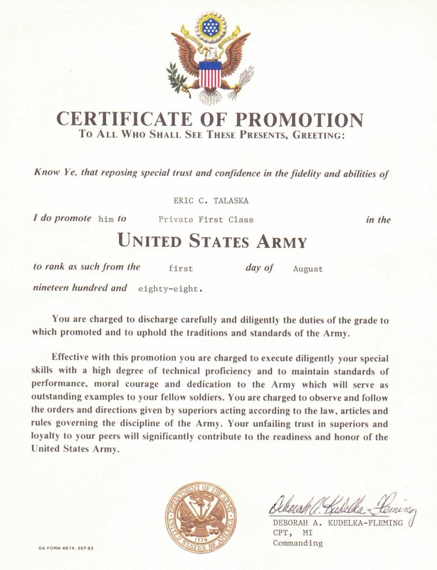 US Army Certificate of Promotion - Private First Class - Eric Talaska