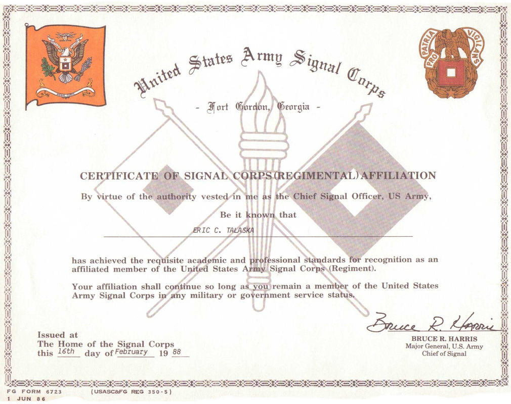 US Army Signal Corps Certificate of Signal Corps Regimental Affiliation - Eric Talaska
