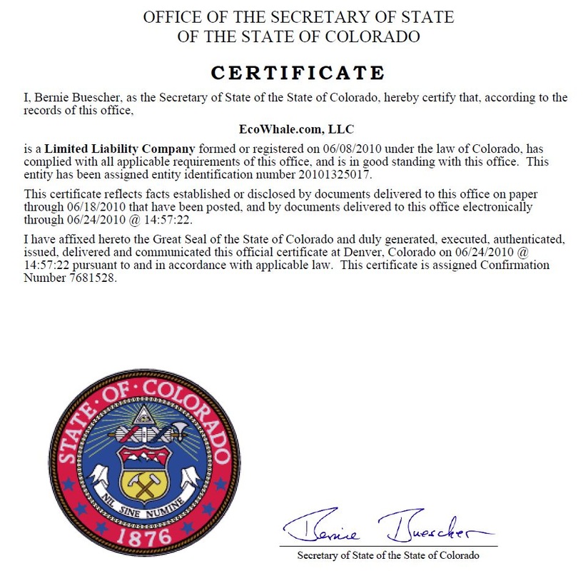 Colorado Secretary of State Certificate of LLC Incorporation - EcoWhale.com