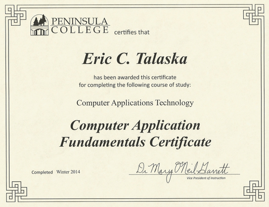 Peninsula College Computer Application Fundamentals Certificate - Eric Talaska